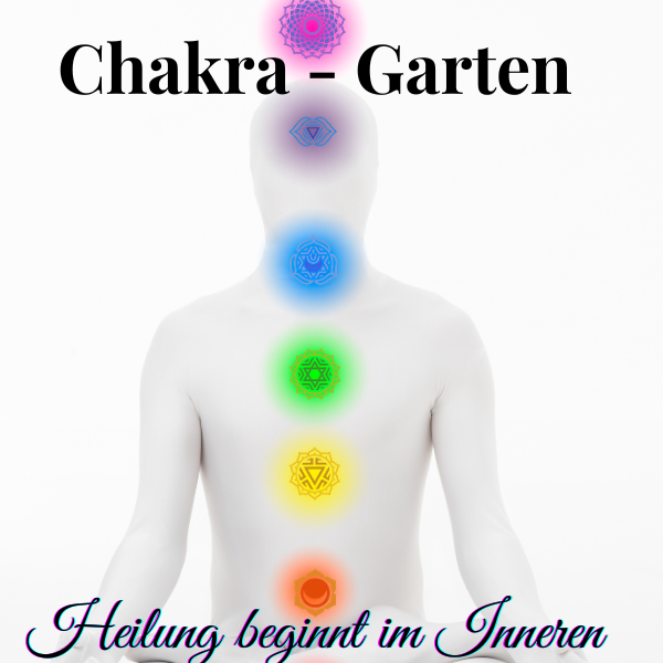 Chakra sitzend Figur mit farbigen Chakras und dem Text „Heilung beginnt im Inneren“.